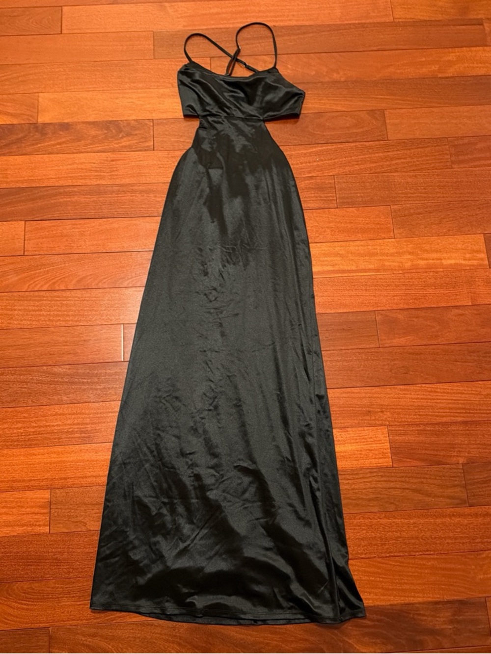Francesca's Collections Black Satin Maxi Slip Dress with Crisscross Straps